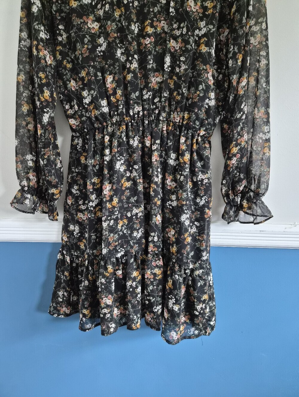 Dex Black Floral Chiffon Boho Long Sleeve Mini Dress, Medium, Cottagecore Vibes - Picture 11 of 14